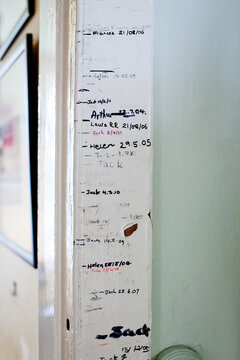 Height chart written on door frame in house
