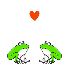 Vector hand drawn funny frogs in love looking at red heart.Outline doodle isolated on white background. Valentine's Day illustration.