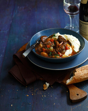 Bowl of beef daube with mashed potatoes