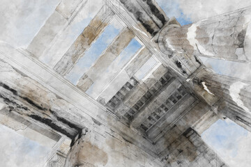 ruins of ancient temple on Acropolis hill in Athens, Greece. Watercolor splash with hand drawn sketch illustration on crumpled paper