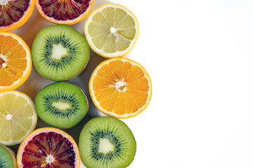 Fototapeta na wymiar set of fruits with vitamin c, kiwi, lelon, red orange, yellow orange in a cut isolate on white