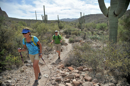 Backpacking couple hiking, Apache Junction, Arizona, USA