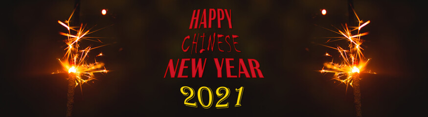 Happy Chinese New Year 2021 background fireworks banner, bengals, sparks, text inscription poster