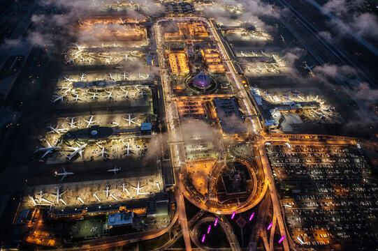 High angle view of airport illuminated at night, Los Angeles, California, USA