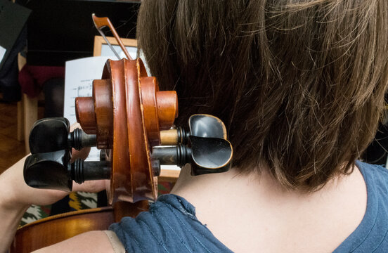 Young woman playing cello in string quartet practice, rear view