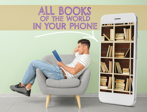 Young man reading book while relaxing in armchair near color wall