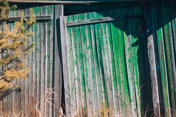 Old wooden doors of an abandoned house. The rickety green wooden gate. Abandoned village