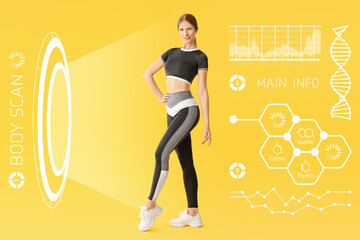 Sporty young woman undergoing whole body scanning against color background