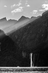 Black and white waterfall at Milford Sound