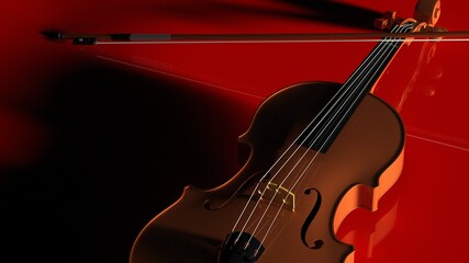 Fototapeta na wymiar Orange classic violin on red plate under spot lighting background. 3D sketch design and illustration. 3D high quality rendering.