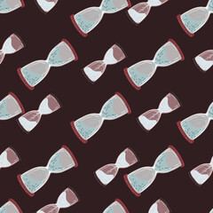 Blue and brown pastel tones hourglass ornament seamless pattern. Dark brown background.