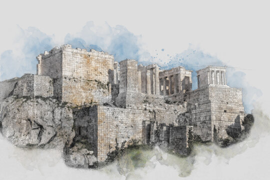 Ancient Sites ruins of Erechtheum, Acropolis hill in Athens, Attica, Greece  Watercolor splash with hand drawn sketch illustration