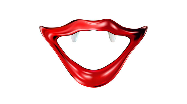 Red female lips with fangs, vampire, woman vamp, teeth. Glossy sexy isolated on a light background. Smile. Plastic an air kiss, beautiful, beauty lipstick, cosmetics. Vector illustration.