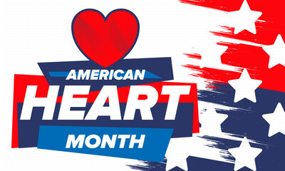 American Heart Month in United States. Celebrate annual in February. Nationwide problem of heart and blood vessel diseases. Medical healthcare concept. Support and protection campaign. Vector poster