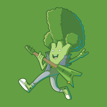 Broccoli Punk Rocker vector illustration. Music, healthy, food, vegetable design concept.