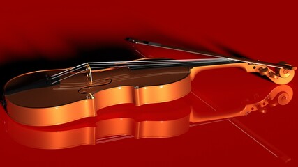 Orange classic violin on red plate under spot lighting background. 3D sketch design and illustration. 3D high quality rendering.