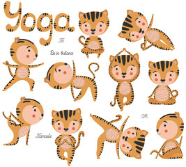 Set of 10 cute stylish cartoon smiling tigers in various yoga asanas on a white background. Isolated childish cute clip-art of exercise poses. Graphic design, poster, sticker, print on clothes. Vector