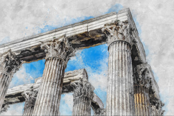 Naklejka premium Ancient Sites ruins of ancient temple Zeus, Athens, Greece. Watercolor splash with hand drawn sketch illustration on crumpled paper