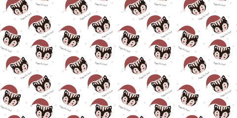 Stylish childish seamless pattern of the faces of cute happy black tigers in Santa Claus caps in the Scandinavian style, snowflakes, calligraphic quotes "Happy New Year" on a white background. Vector.