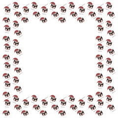 Children's isolated square frame for text from the faces of cute happy black tigers in Santa Claus caps in Scandinavian style, snowflakes, calligraphic quotes Happy New Year. White background. Vector.