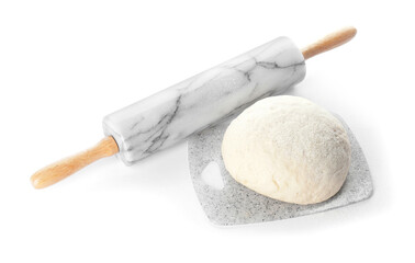 Fresh dough and rolling pin on white background