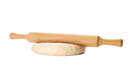 Fresh dough and rolling pin on white background