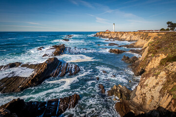 Pt. Arena Lighthouse in Mendocino County, California.  The 150 year old lighthouse with a 115 foot...