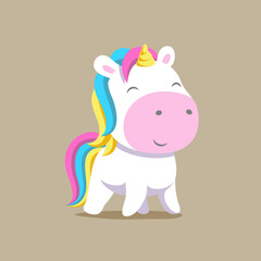 The happy unicorn with the white fur and colorful tail is standing with his foot