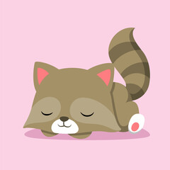 The cute raccoon is sleeping and laying down his body on the pink solid background