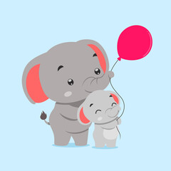 The elephant and baby elephant playing together with the red balloon