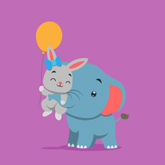 The little elephant is playing and lifting the little rabbit holding the balloon