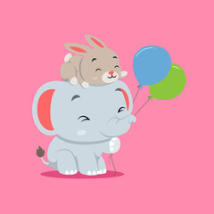 The cute elephant is playing with the two balloons and rabbit on his head
