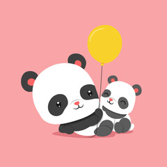 The panda is playing the balloons with baby panda