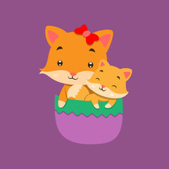 The fox with the ribbon tie and the baby fox is sitting on the purple pocket