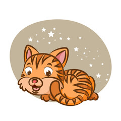 The lazy cat is laying down his body under the bright sparkling