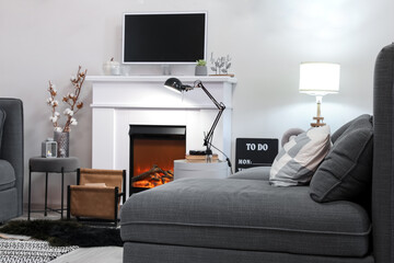 Interior of modern living room with fireplace