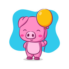 The cute pig is holding the rope of the yellow balloon