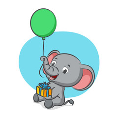 The little elephant is holding the balloon with his trunk and holding the gift