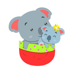 The koala with her baby is coming out from the red pocket