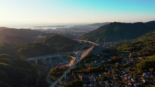 Aerial view of Shin tomei express toll road in Shimizu town is an alternate route linked from Tokyo and Nagoya city