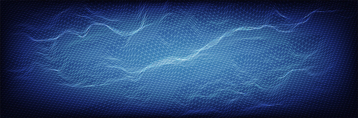 Naklejka na ściany i meble Wireframe landscape. Blue triangle surface. Abstract futuristic background. Vector illustration