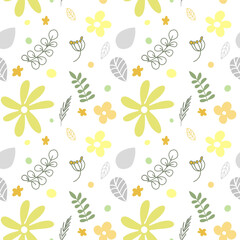 Seamless pattern in yellow, green and grey colors with floral illustrations. Bright backdrop for design, decor or fabric. 