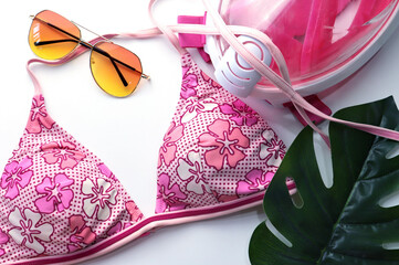 Set of women beach accessories. floral swimwear, Sunglasses and Full Face Mask.
