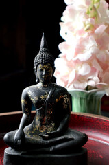 Statue of Buddha sitting, Dark background and flower behind.