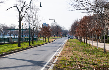 Empty Memorial Drive roadways along the Charles River in Boston, MA.