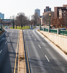 Empty Memorial Drive roadways along the Charles River in Boston, MA.