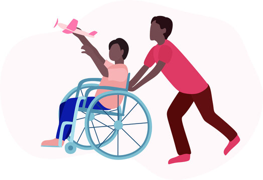 Social integration, disabled people illustration. Two black boy friends play merrily. A boy in a wheelchair has fun riding and playing with the plane. Vector illustration in flat style
