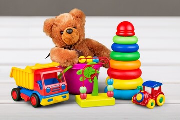 Many colorful toys collection on the desk