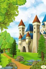 Plakat cartoon nature scene with waterfall with castle in the background illustration