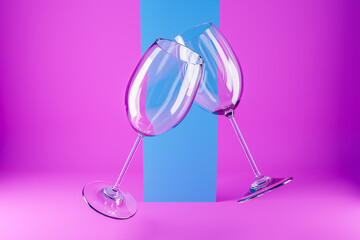 3d illustration of  wine glasses flying  on a pink and blue  background. Realistic illustration of a pair of wine glasses